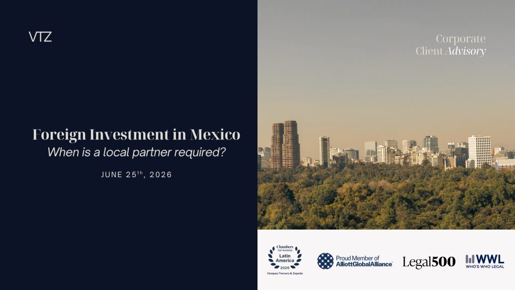 Mexico City skyline with VTZ branding for an article on foreign investment in Mexico and local partner requirements.