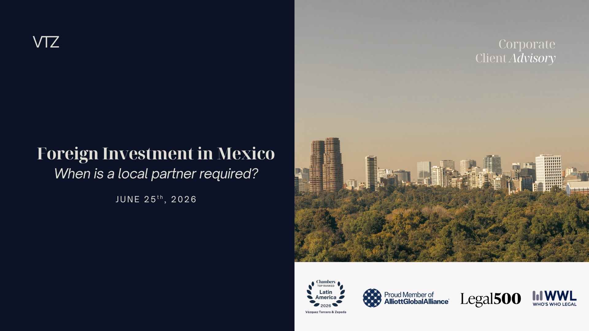 Mexico City skyline with VTZ branding for an article on foreign investment in Mexico and local partner requirements.